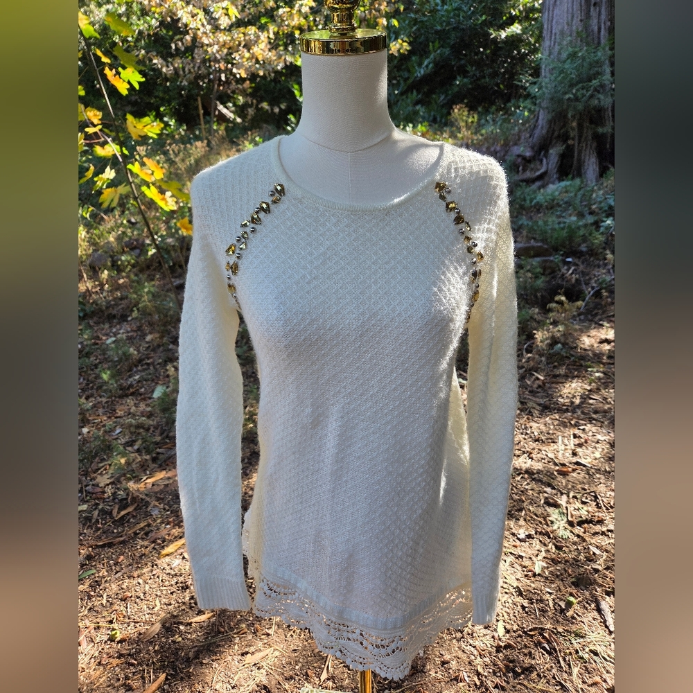 Chico's‎ Knit Sweater with Gold Rhinestone Accents And Lace - Picture 2 of 8